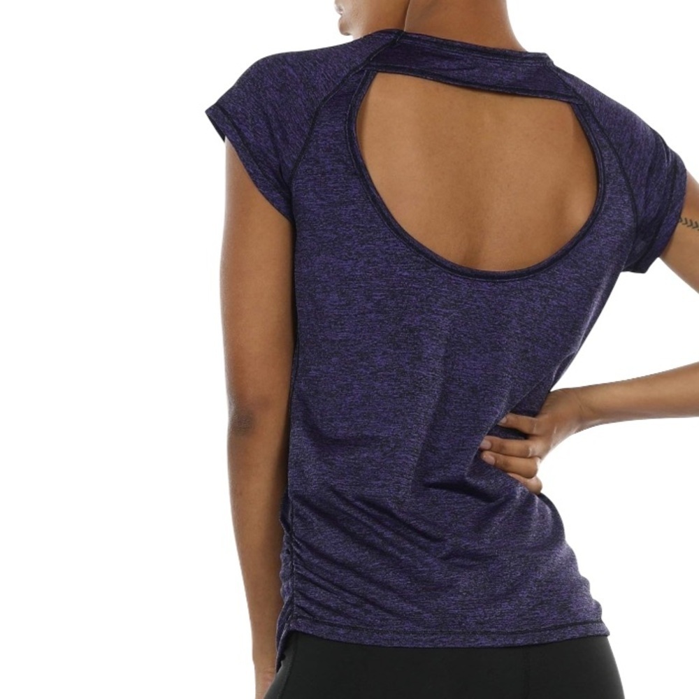 ICYZONE Ruched Sides Open Back Activewear T-Shirt Purple Short Sleeves M